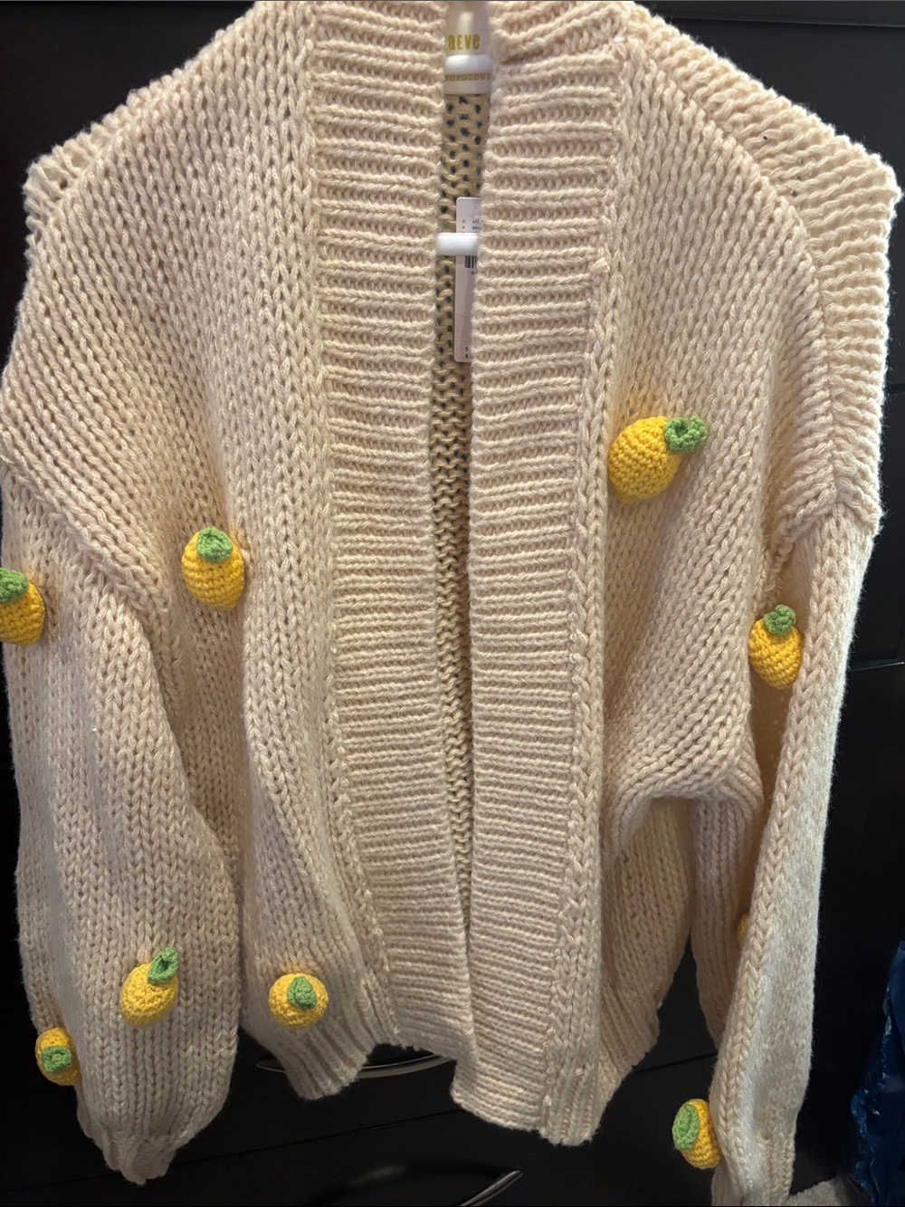 Anthropologie Cream Knit Cardigan with Yellow Lemon Accents